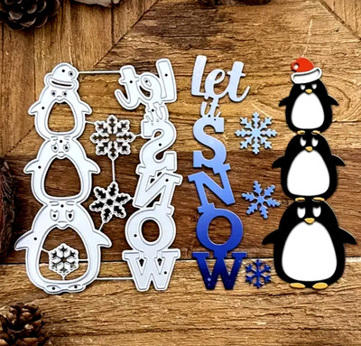Pinguine, Schneeflocke & Worte ''Let it Snow'' Metall Stanzformen Set für Weihnachten. A*13