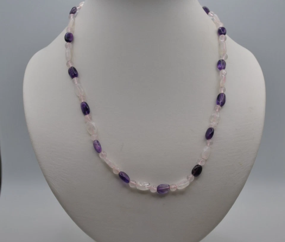 Rosenquarz und Amethyst Halskette mit glatt geschliffen Steine - Bild 1 von 1