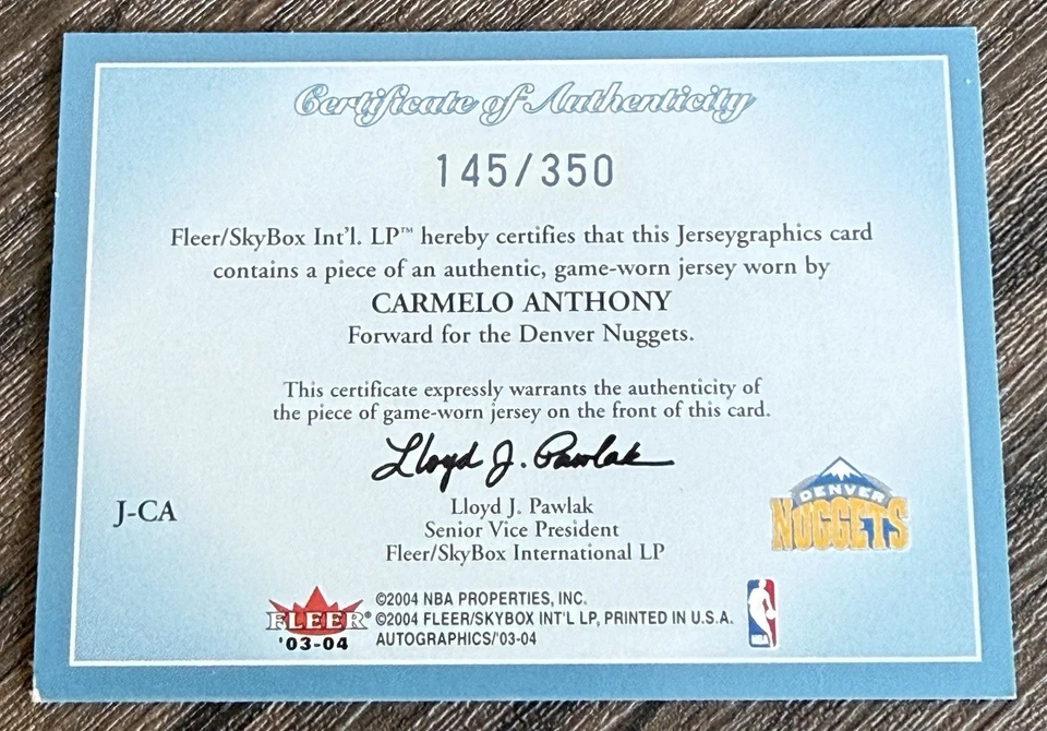 Carmelo Anthony 2003-04 Fleer Skybox Jerseygraphics RC /350 Jersey #J-CA HOF - Image 2 of 3