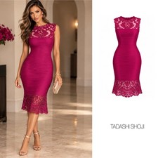 NEW Tadashi Shoji CORDED EMBROIDERY ON TULLE PINTUCK JERSEY BOATNECK DRESS Sz XS