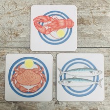 Cornishware Inspired Coasters - Set of 3 Losbter, Crab & Mackerel 