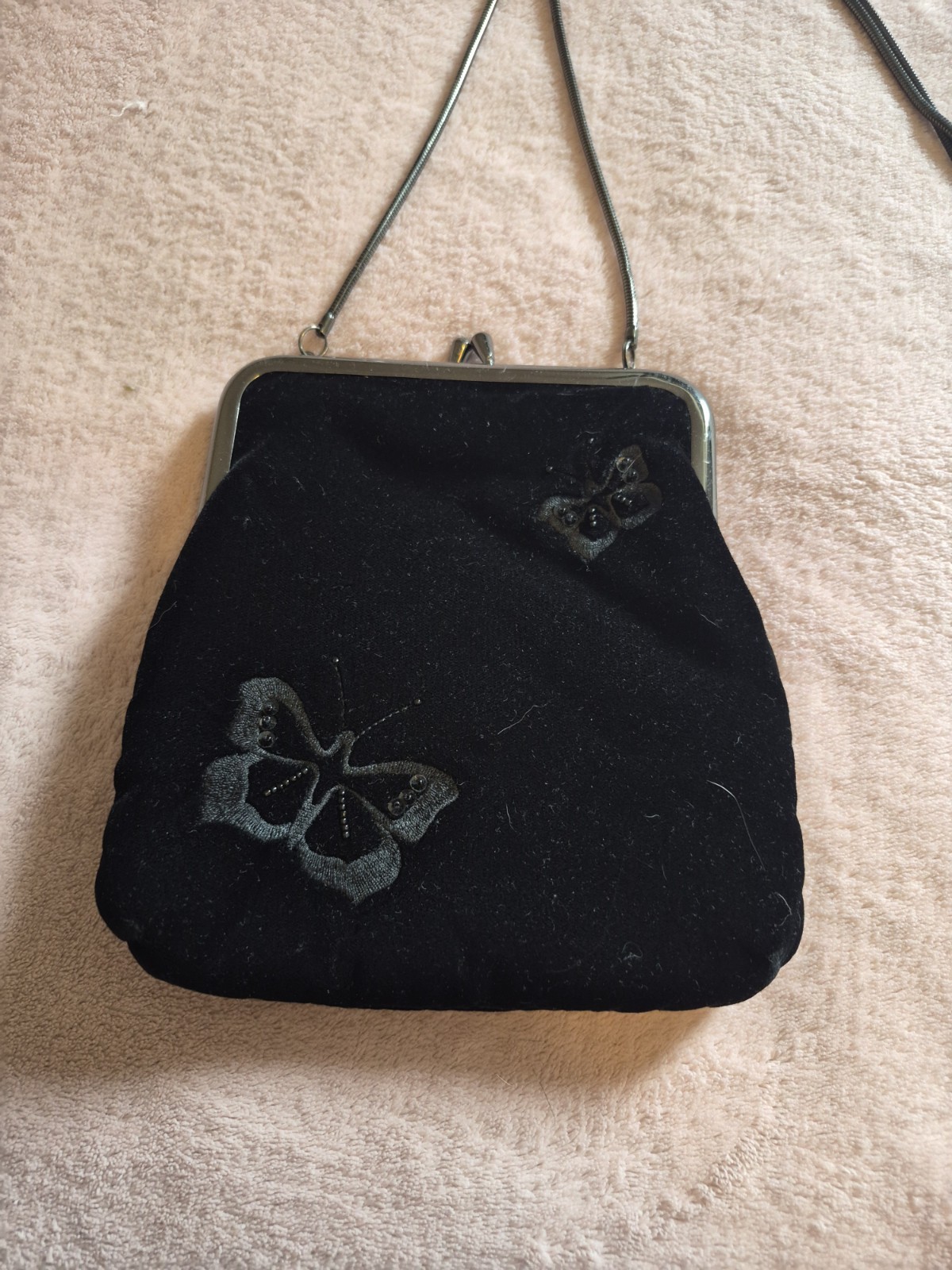 St Michael Vintage Black Velvet Handbag Embroidered Clutch Bag Butterfly