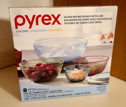 Pyrex Glass Mixing Bowl Set W/Lids Multi Color, Nesting Storage, 8 Pc ...