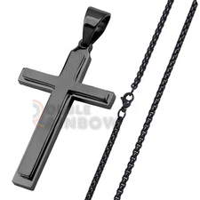 7P32 16-30"men stainless steel Black Plain cross pendant BOX Necklace Chain