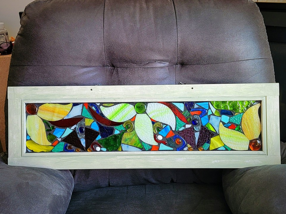 Stained Glass Panel 32"x10"x2" in heavy vinyl frame 2003 eBay