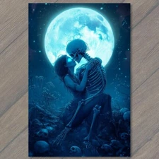 Art Print Skeleton Kissing Woman in Blue Fantasy Romantic Gothic Style Design