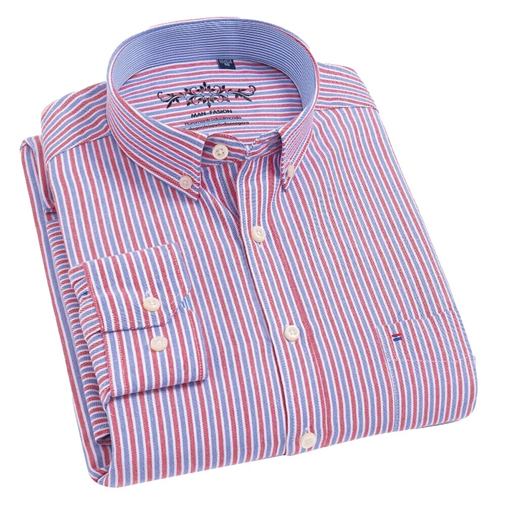 男士休闲条纹棉质休闲纽扣衬衫