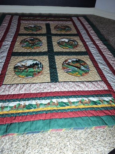 Handmade Patch Green Floral Design Throw Vtg Buck Deer Quilt Bed Hunting Blanket - Picture 4 of 14