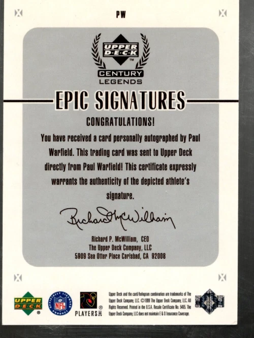 A9483- 1999 Upper Deck Century Legends Epic Signatures #PW Paul Warfield Auto - Image 2 of 2