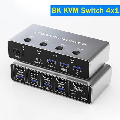 8K HDMI KVM Switch 4x1 Ultra HD Switcher for 4 PC Share Monitor Keyboard Mouse