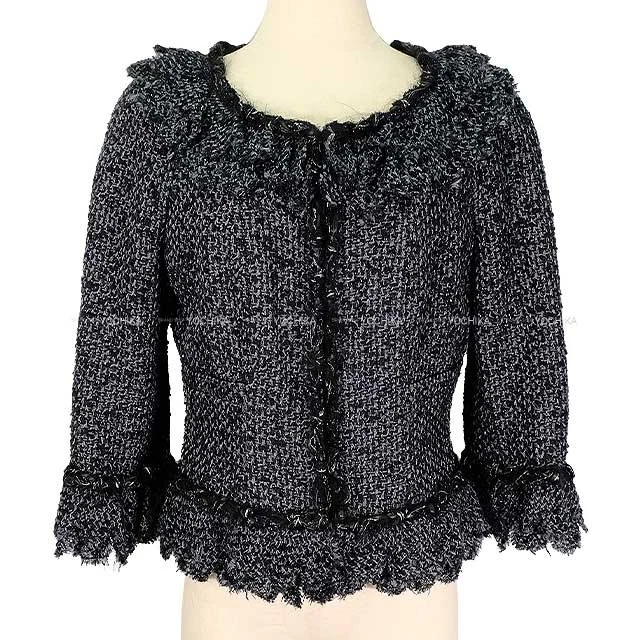 Chanel — [Pre-loved] CHANEL Tweed Raglan Sleeve Ruffle Coco Rhinestone Noir (Black)/G...