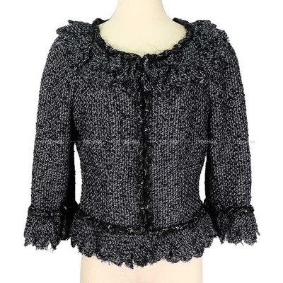 [Pre-loved] CHANEL Tweed Raglan Sleeve Ruffle Coco Rhinestone Noir (Black)/G...