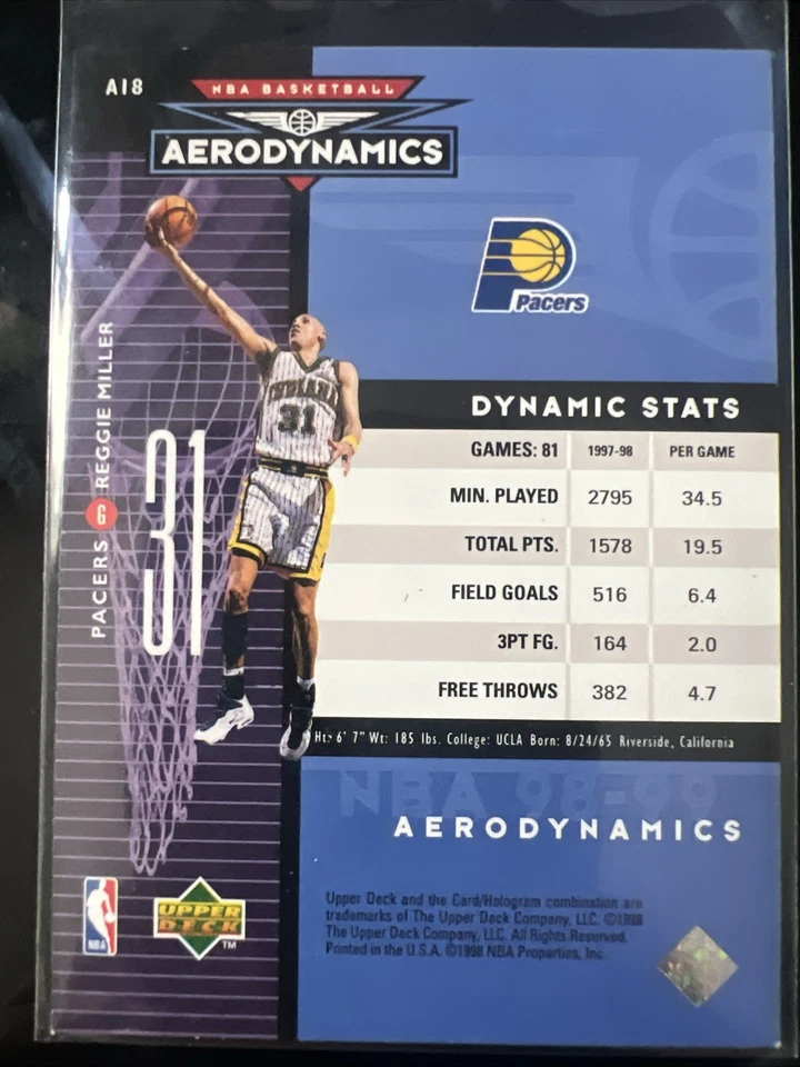 1998-99 Upper Deck #A18 Reggie Miller Aerodynamics Indiana Pacers HOF - Image 2 of 2