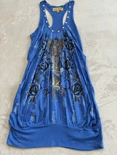 Vintage Christian Audigier Y2K Women's M Blue Top Blouse Stud Racer Tunic Bling