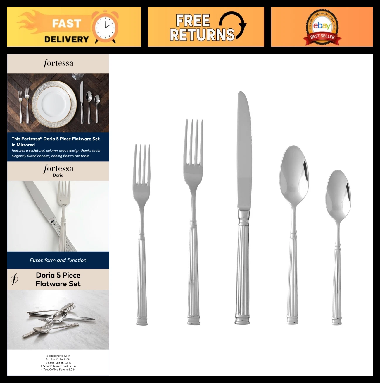 18/10 Stainless Steel Flatware Set, 5-Piece Place Setting, Knife, Forks & Spoons