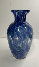 Vtg Hand Blown 10.5  ART GLASS Vase Blue, Teal  Clear Swirled Abstract Design