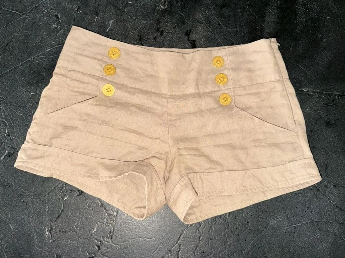 Lotta Stensson Tan 100% Linen Sailor Shorts with Gold Anchor Buttons Size 4