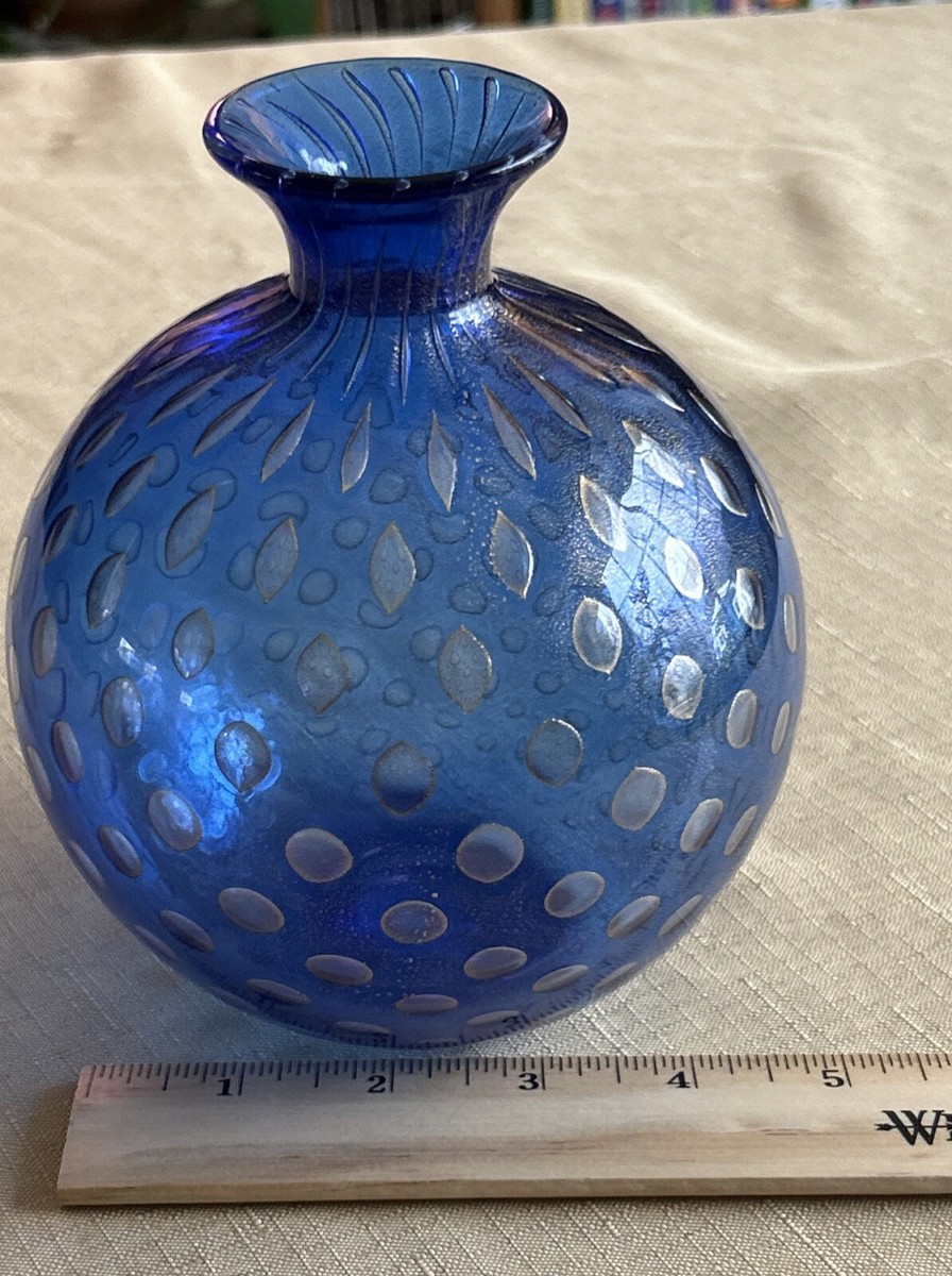 Archimede Seguso, Murano Blue & Gold Vase With Air Bubble