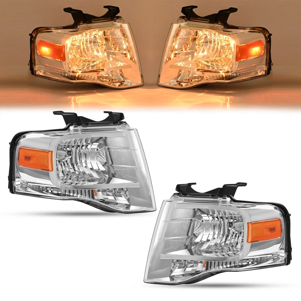 Par de faros con bombillas para Ford Expedition 2007-2014 cromo ámbar Foto 3 de 4