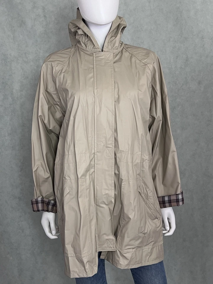 Jaqueta de chuva Totes PVC xadrez flanela forrada bege zíper completo tamanho pequeno com capuz - Imagem 3 de 4