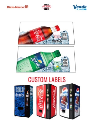 DIXIE NARCO, VENDO, ROYAL VENDORS, USI & FSI (2) VENDING MACHINE 16.9 oz "BOTTLE" - Coke - Sprite - Vend Label/Flavor Strips