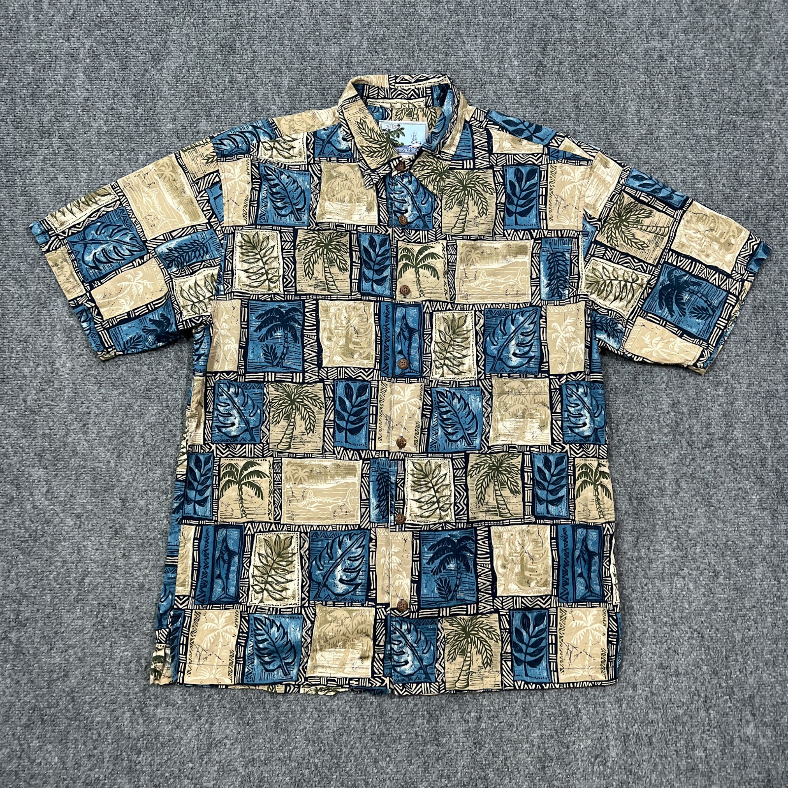 Aftco Bluewater Mens Hawaiian Shirt Large Gray Blue Made In USA Rayon