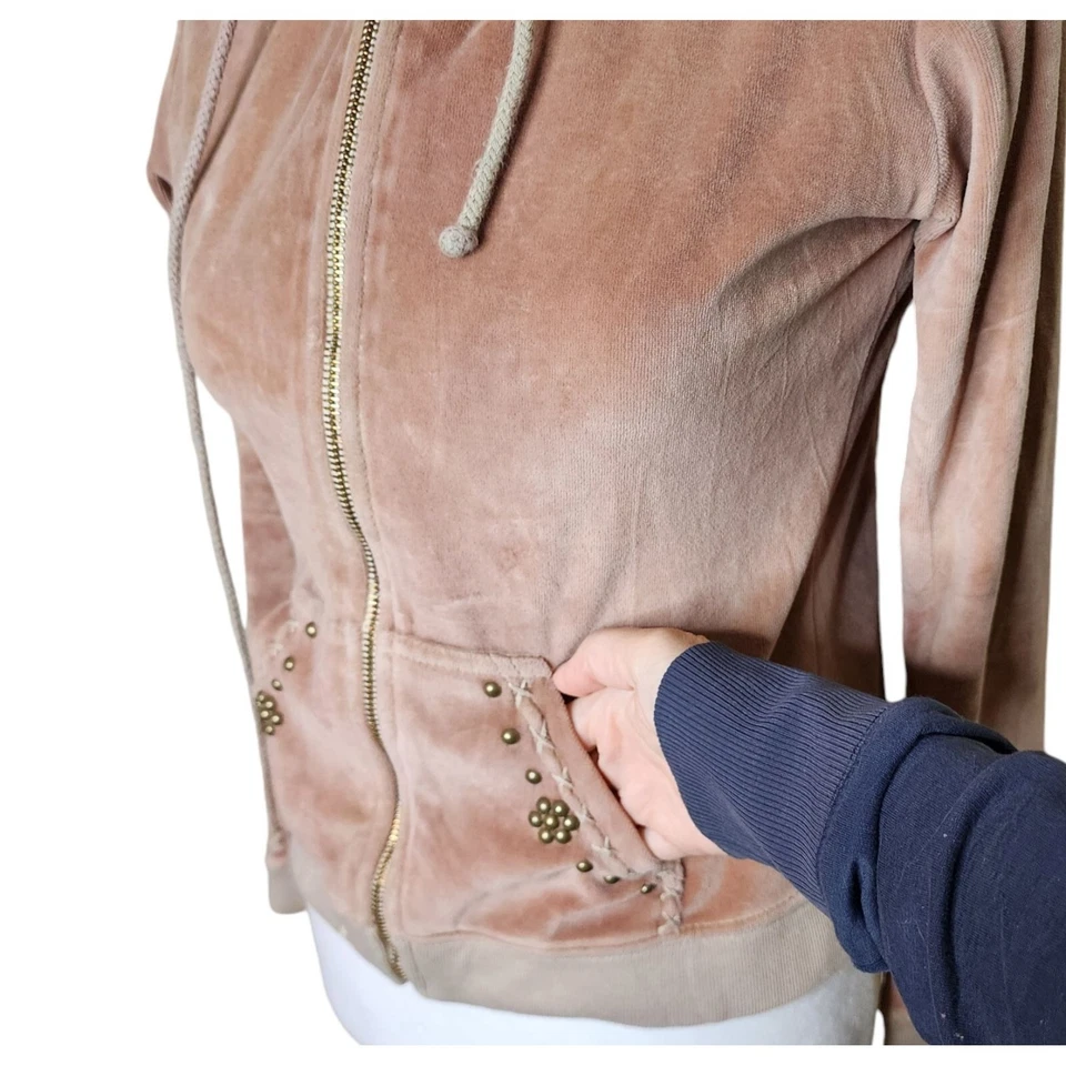 Sudadera con capucha vintage Y2K BCBG terciopelo dragón asiático ojal cremallera para mujer talla S beige Foto 3 de 4