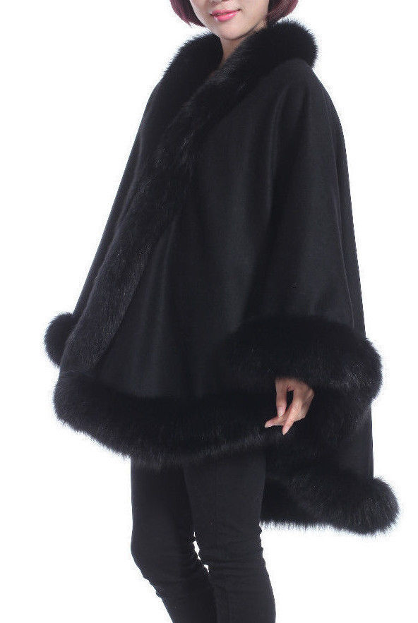Black Cashmere cape with Fox fur Collar Trim all around one Black Cashmere cape with Fox fur Collar Trim all around one