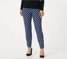 Dennis Brasso luxe crepe printed ankle pants with button detail Women Small Blue
