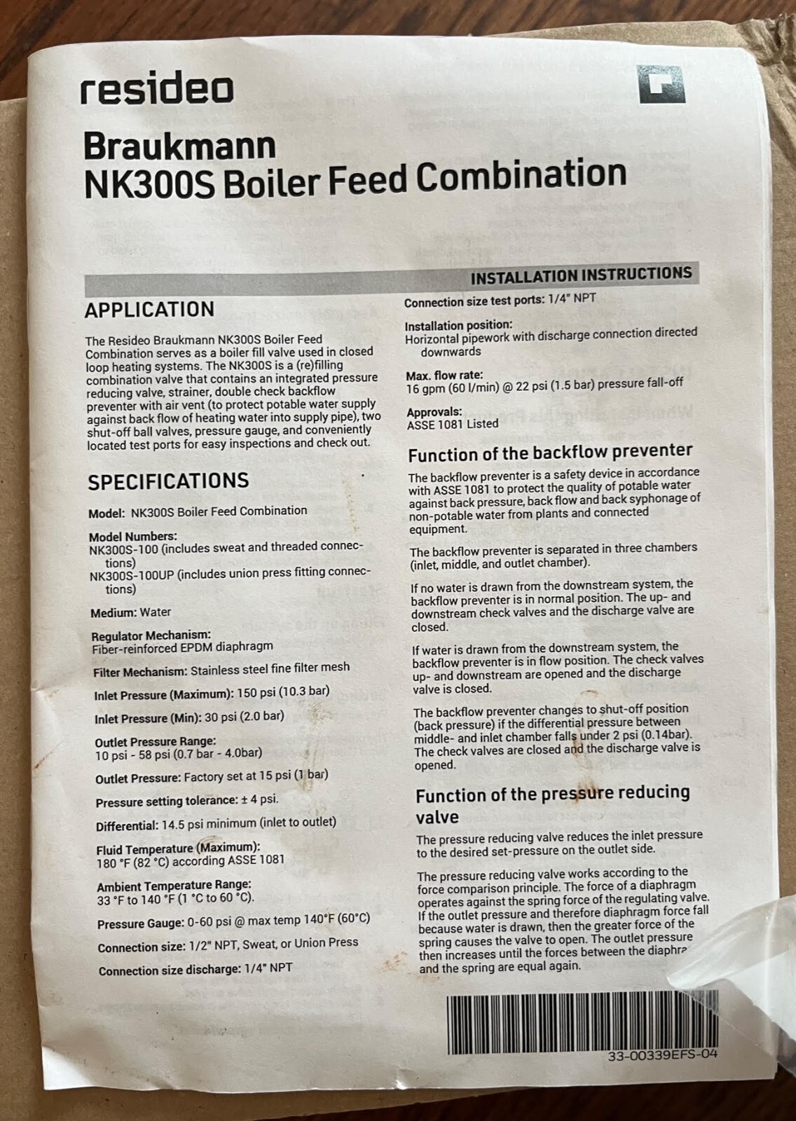 Resideo Braukmann NK300S-100 Boiler Feed Combination Valve Used