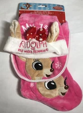 Rudolph Red Nose & Clarice Babys First Christmas 3 Piece Set Hat Bib & Stocking