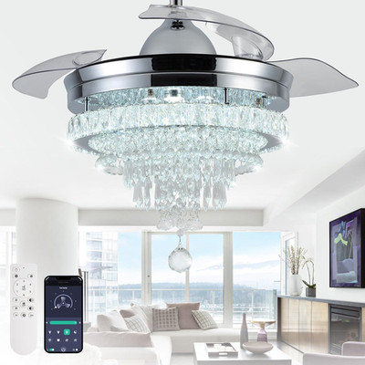42'' Modern Crystal Chandelier Ceiling Fan with Light & Remote,Dimmable LED Fande