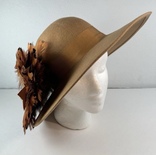 VTG 60s Wool Felt Brim Hat 100% Virgin Wool Made In USA Real Feathers Bow Derby - Picture 11 of 14