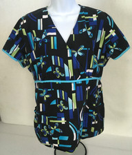 SB Scrub Top Size M Black w Blue Green Butterflies Rectangles Pockets V neck