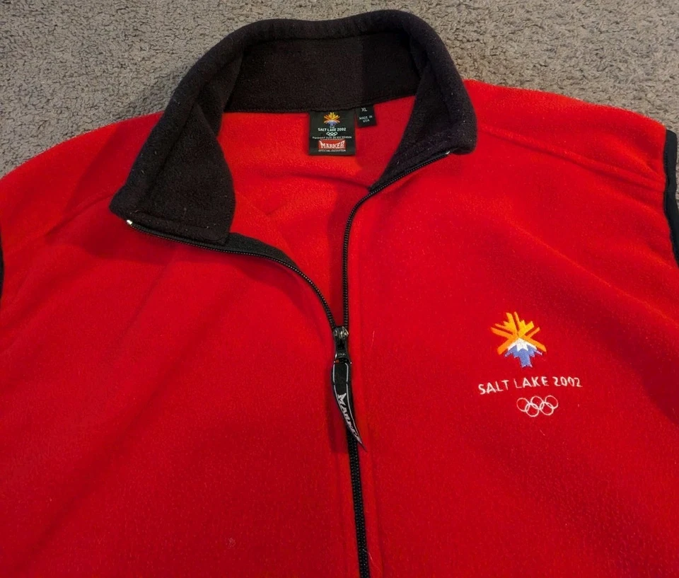 Chaleco polar rojo vintage Y2K Marker 2002 Juegos Olímpicos de Salt Lake City hecho en EE. UU. para hombre Foto 2 de 4