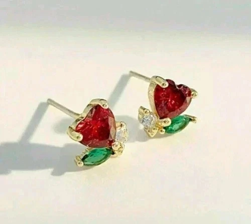 3CT Heart Cut Lab Created Red Ruby Women's Stud Earrings 14K Yellow Gold Finish - Image 3 of 3