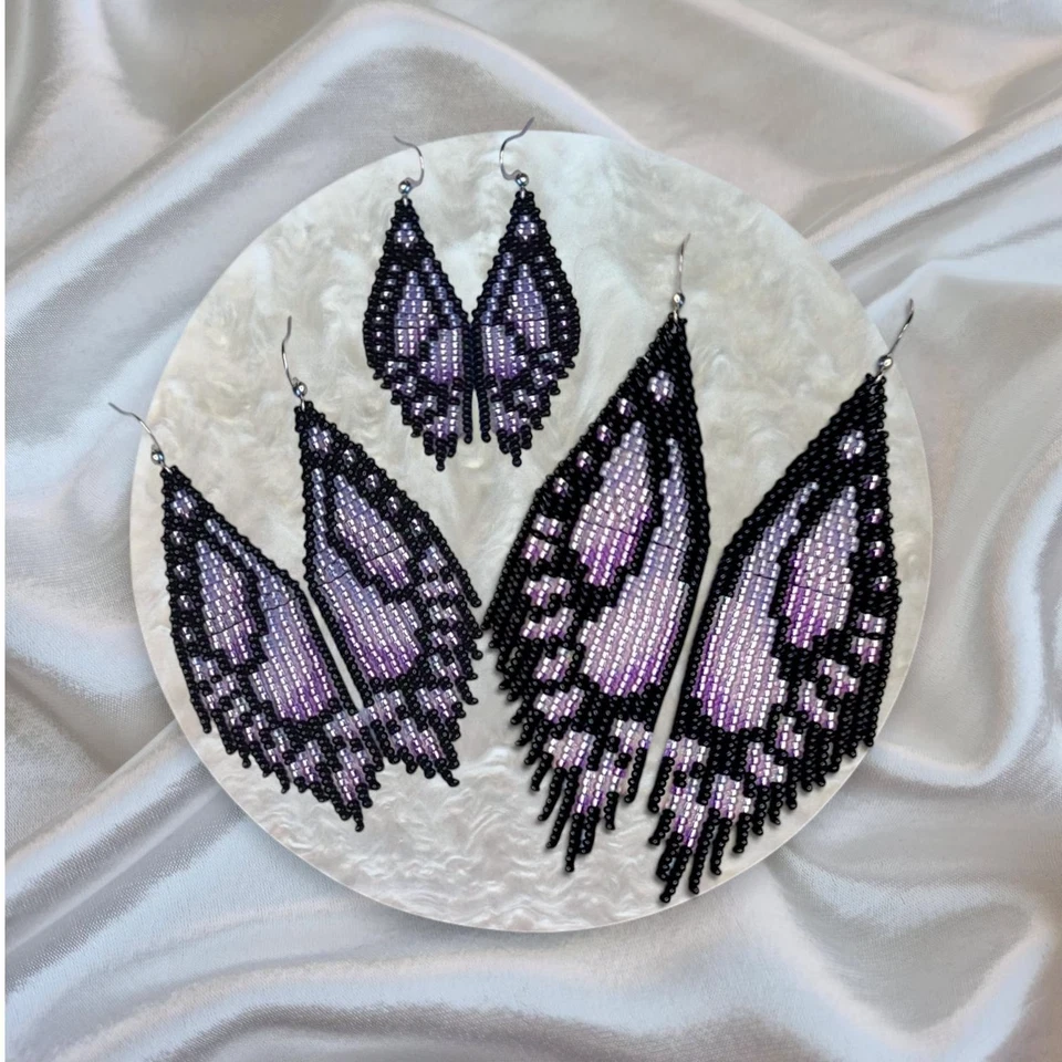 Purple Butterfly Beaded Fringe Earrings, Ombre Boho Dangle | Handmade Nature - Image 3 of 4