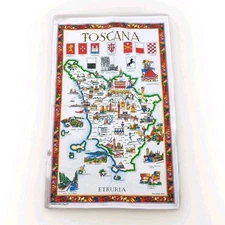 Vintage Toscana Tea Towel Wall Hanging Map Flags Historic Italy 100% Cotton 34.5