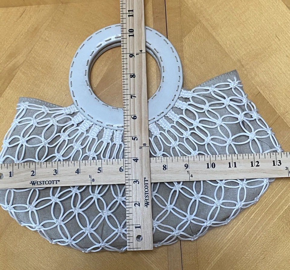 MONSAC Original Cream Macrame Clutch With Circular Leather Handles Magnet - Image 2 of 4