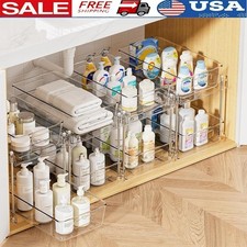 Under Sink Organizer Pull Out Storage Durable Multi Purpose Clear Drawer New