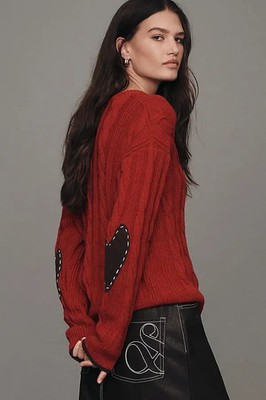 Kerri Rosenthal Cable Knit Cotton Sweater Anthropologie Elbow Patch Hearts M NEW