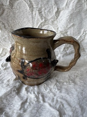 Estate Signed Handmade Studio Art Pottery Coffee Mug Cup w/3D Turtles