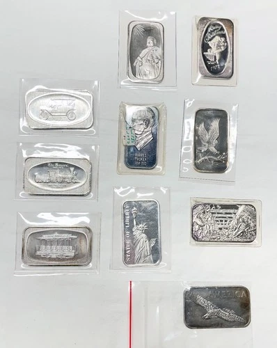 Lot of 10 Unique 1 oz .999 Fine Silver Bars - 10oz total
