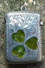 NO RESERVE Irish Shamrock Silver Plated Vesta Case Match Safe Vintage Antique