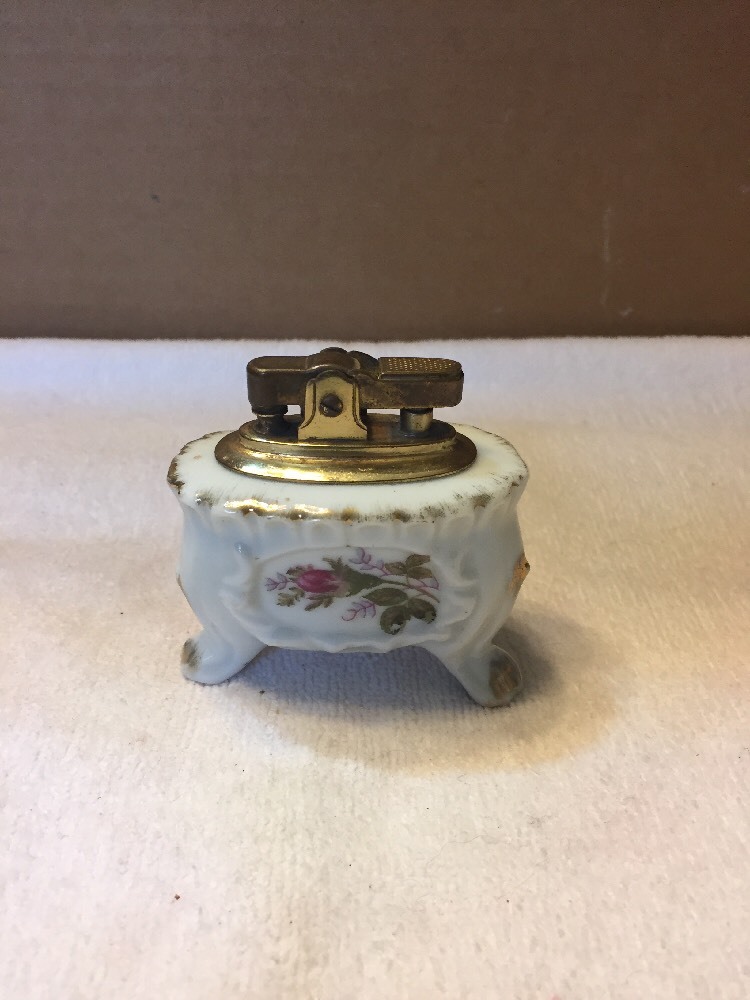 Vintage Porcelain Base Brass Table Top Cigarette Lighter
