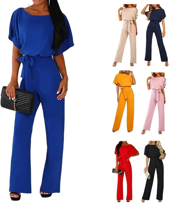 Women's Summer Jumpsuit -Elegant Short Sleeve Wide Leg Romper with