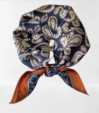 100% Silk 20 square Scarf Women neckerchief Wrap Paisley navy blue brown WS92