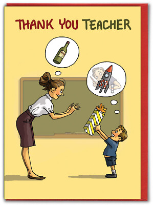Funny Thank You Teacher Card End Of Term Leaving School Cartoon Boy Wine  Humour UK
