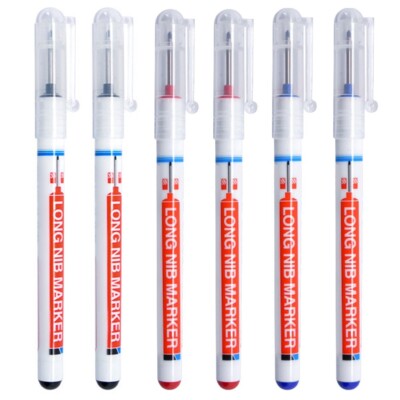 6 Pcs 20mm Deep Drill Hole Long Nib Carpenter Pen Marker Pens Black Blue Red