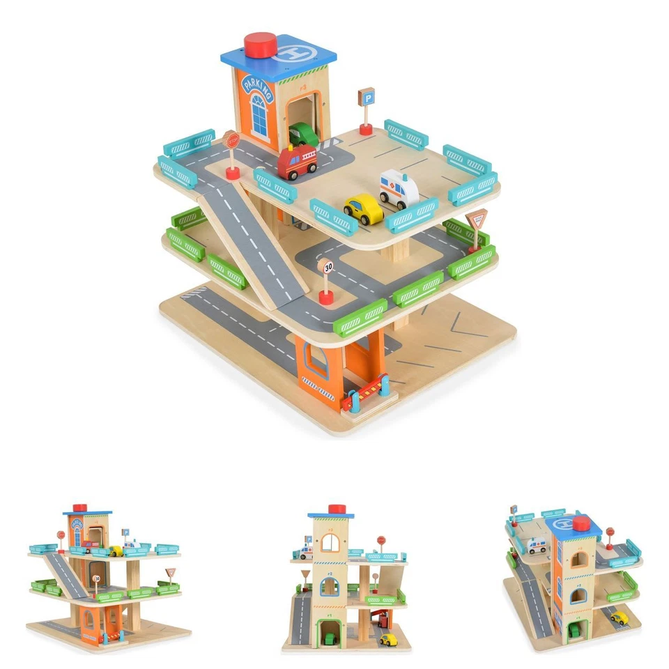 Moni Kinderspielzeug Holz-Parkhaus drei Etagen 25-tlg. 4 Autos 3 Etagen Schranke